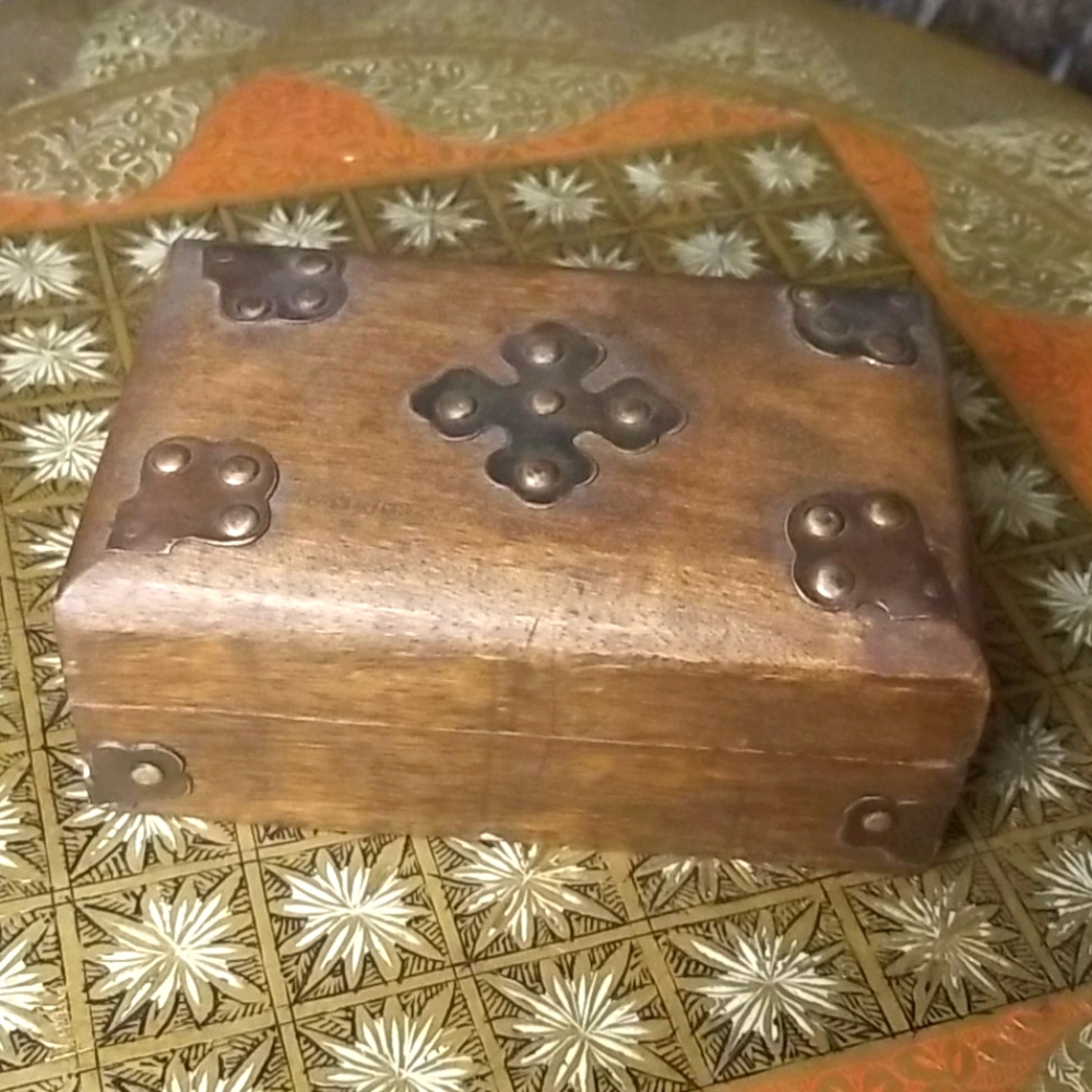 Vintage wooden trinket box w/ metal ornamentation